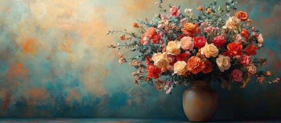 Vintage bouquet of artificial flowers in an elegant vase with a colorful background showcasing an artistic blend of hues and textures.