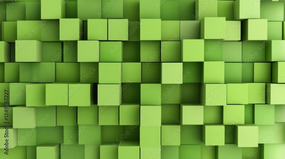 Poster green cubes stacking in rhythmic geometric pattern, casting sharp shadows and creating modern abstra