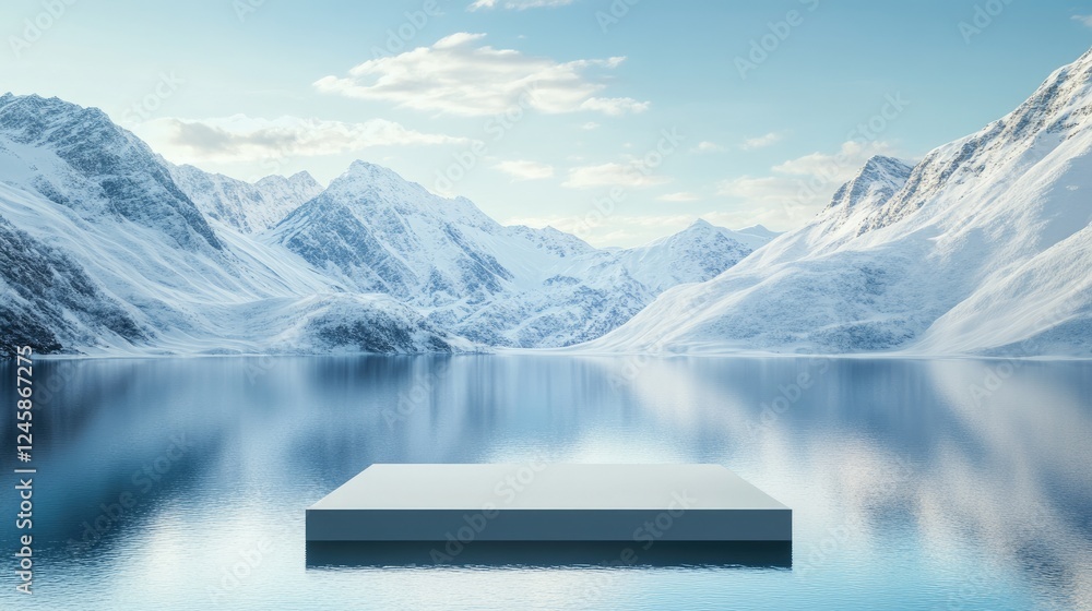 Poster a pristine lake with shimmering waters and snow-covered mountains, providing a stunning natural back