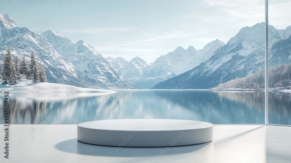 Poster a pristine lake with shimmering waters and snow-covered mountains, providing a stunning natural back