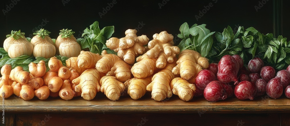 Poster A colorful array of fresh ginger roots and vegetables showcased elegantly on a rustic wooden table.