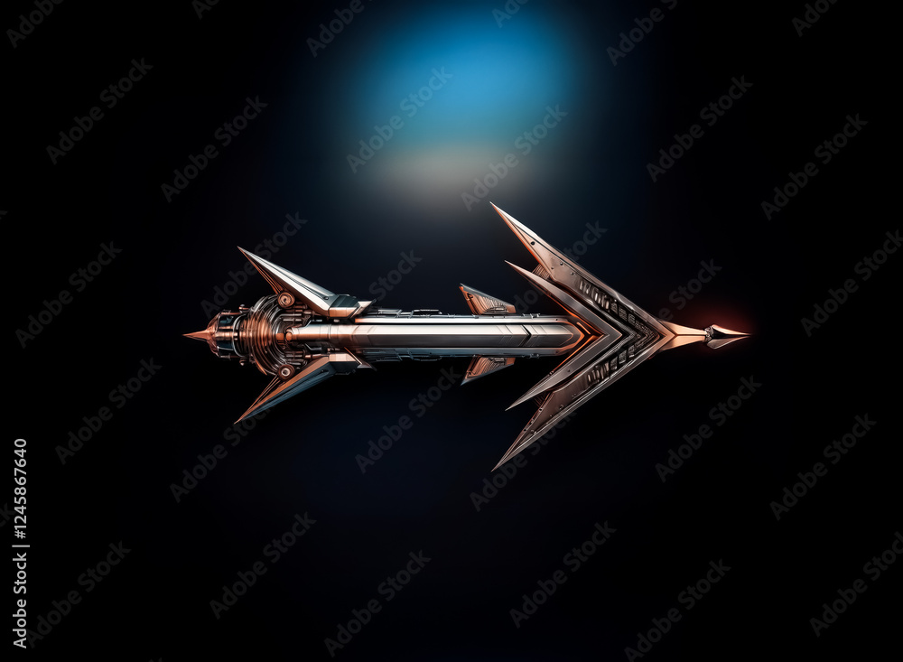 Leinwandbilder Futuristic metallic arrow object with sharp, pointy edges, centrally positioned on a dark backdrop with a subtle light source.