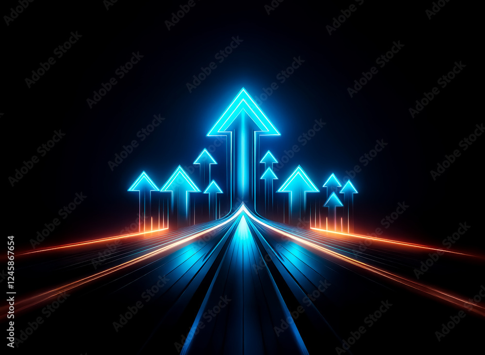 Poster neon blue arrows ascend on a dark backdrop, illuminated by orange streaks suggesting forward motion 