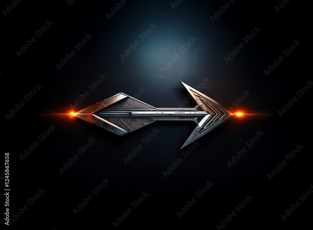 Poster metallic double arrow pointing both ways on dark background. orange glow from arrowhead tips. symmet