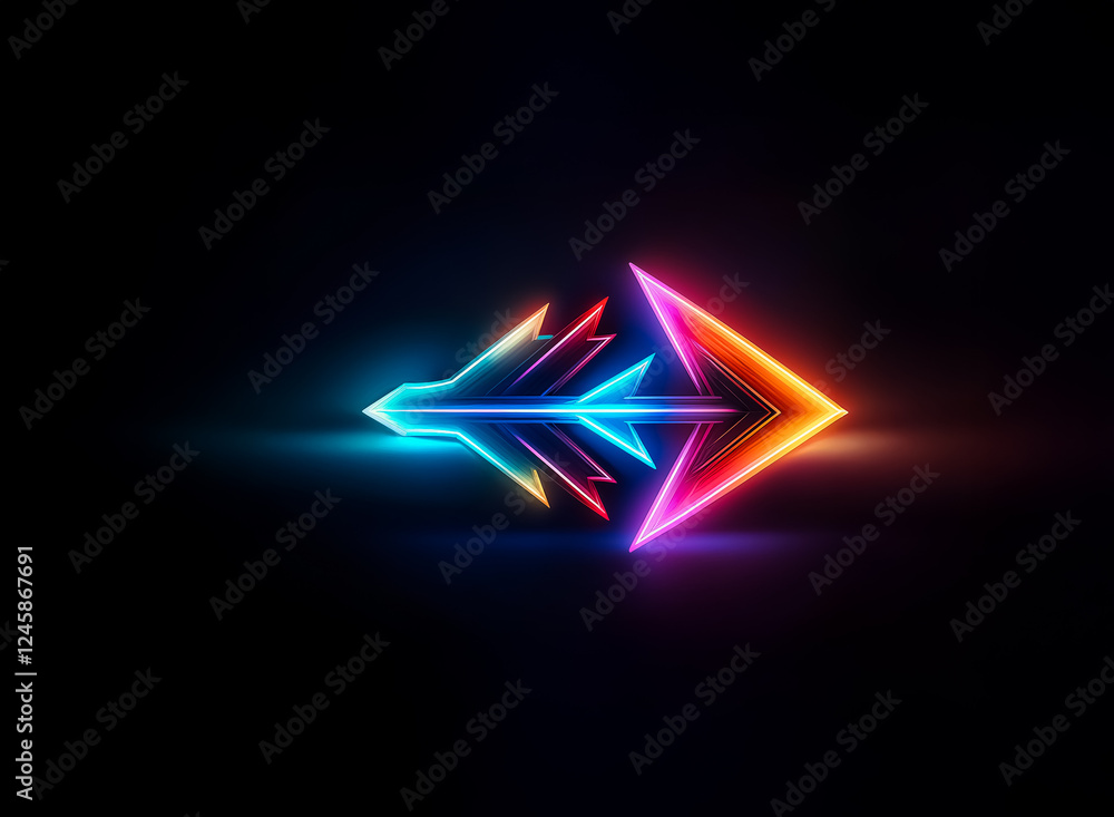 Poster a vibrant neon arrow glows against a dark backdrop. the arrow, with sharp angles and bright colors l