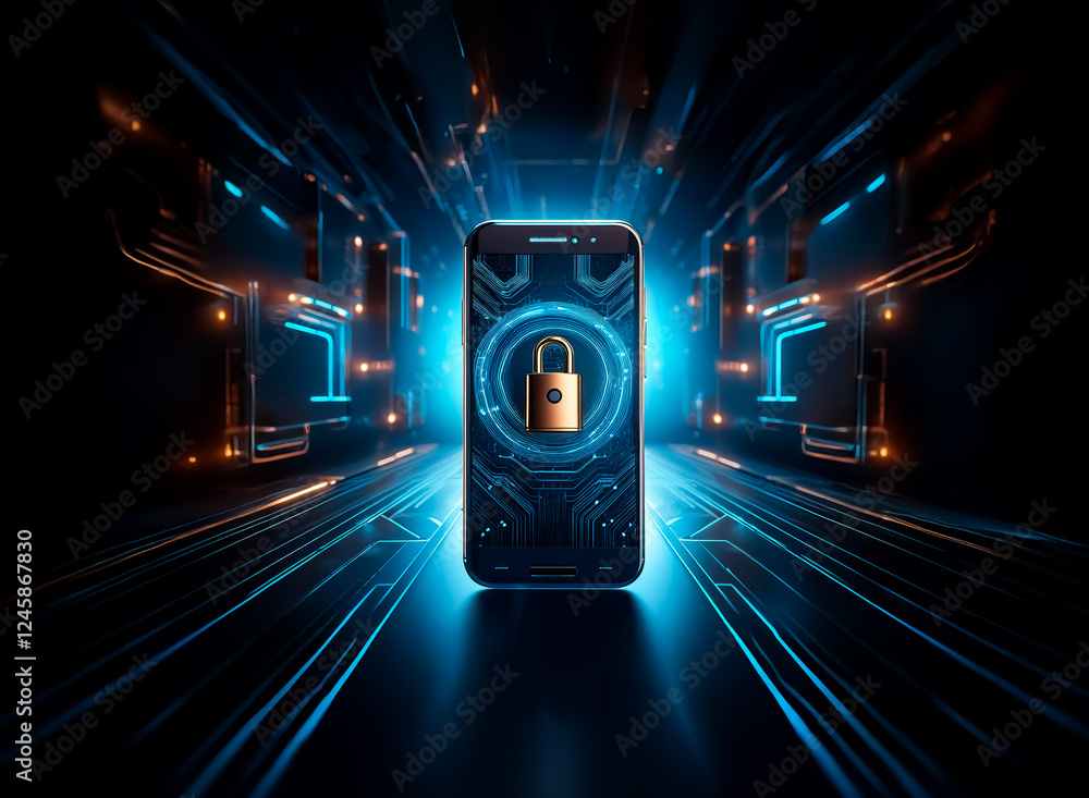 Poster a smartphone displays a golden padlock icon on screen, illuminated by blue and orange digital lines 