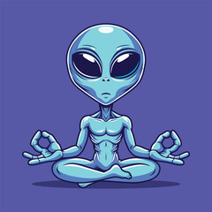 cartoon alien meditating vector illustration