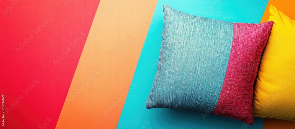 Poster vibrant decorative cushion on a colorful background with ample empty space for text or design elemen