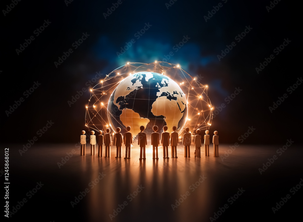 Poster a group of people stands encircling a glowing globe, interconnected with bright nodes in dark space.