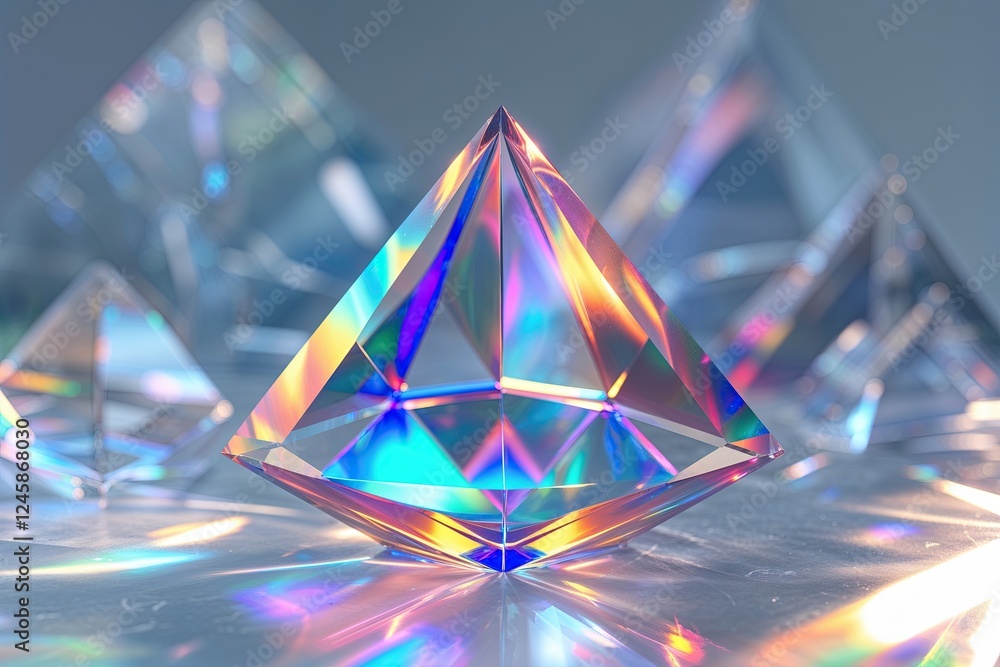 Poster triangular holographic prisms displaying spectral light on clear background