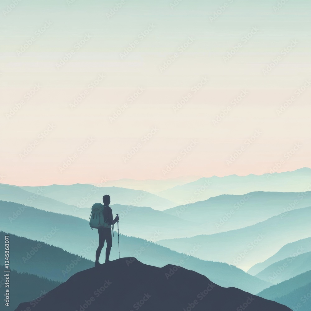 Poster hiker standing on mountain ridge with open space for text, surrounded by tranquil, layered hills at 