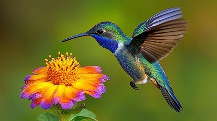 Fototapeta premium Hummingbird hovering near flower, vibrant garden background, nature photography, website banner
