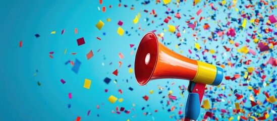 Vibrant festive celebration poster with confetti and megaphone design showcasing blank text space for event details and announcements