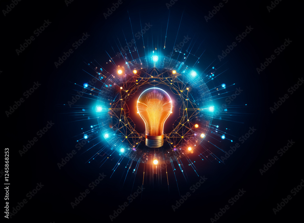 Leinwandbilder A vibrant light bulb emits bright rays and particles, creating a futuristic and conceptual image against a dark backdrop, symbolizing innovation and ideas.