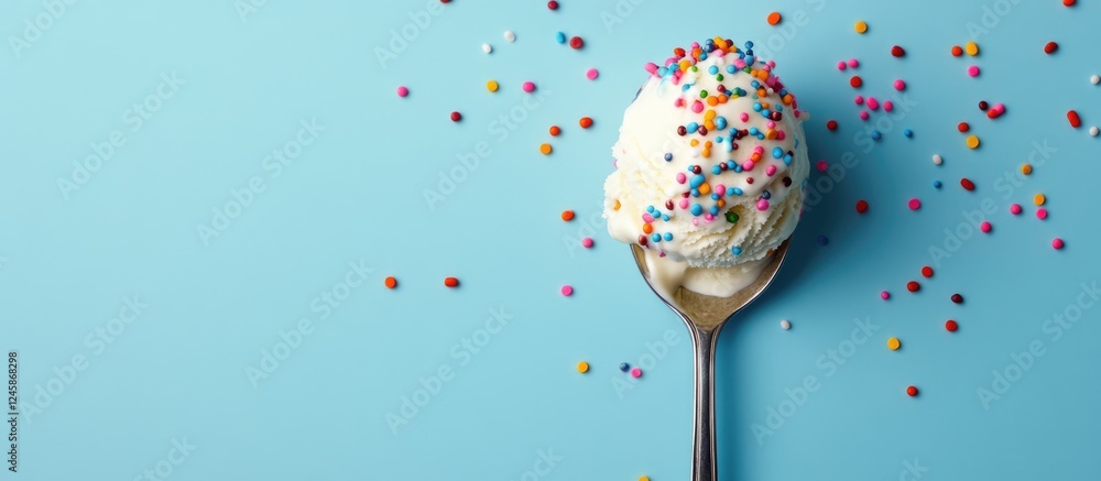 Aufkleber spoonful of vanilla ice cream adorned with rainbow sprinkles on a bright blue background with ample 