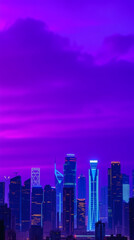 Fototapeta premium Futuristic city skyline, vibrant purple sky, glowing neon lights phone wallpaper | generative AI