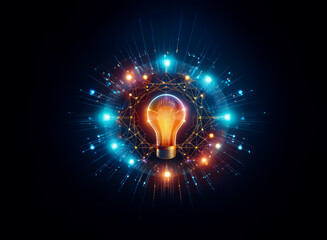 A vibrant light bulb emits bright rays and particles, creating a futuristic and conceptual image against a dark backdrop, symbolizing innovation and ideas.