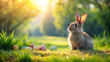A bunny sitting on green grass in a sunny outdoor setting with eggs scattered around it , peaceful atmosphere, nature scenery