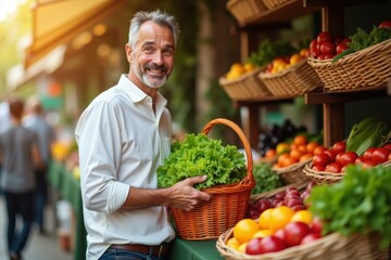 Healthy Basket. Smiling mature man white shirt holding basket fresh gr