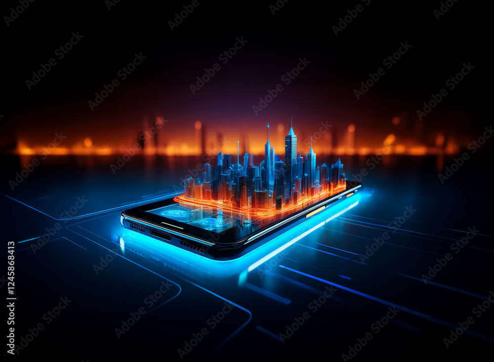 Poster futuristic cityscape hologram projecting from a glowing smartphone screen in the dark, illuminated b