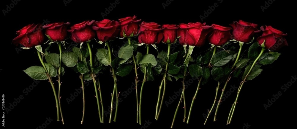Poster elegant display of twelve long-stemmed red roses on black background with ample space for text and r