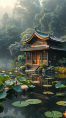 Obraz premium Enchanting tea house by a tranquil pond with lush greenery and lotus flowers phone wallpaper | generative AI