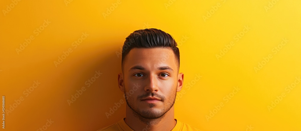 Poster portrait of a man with neutral expression against a vibrant yellow background with ample copy space 