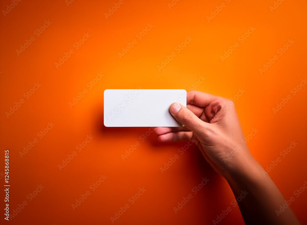 Leinwandbilder hand is displaying a blank white rectangular card against a vibrant orange backdrop. the hand's fing