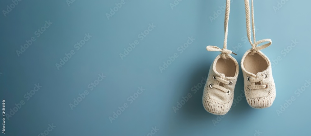 Poster baby shoes hanging against a blue backdrop with ample empty space for customizable text or design el