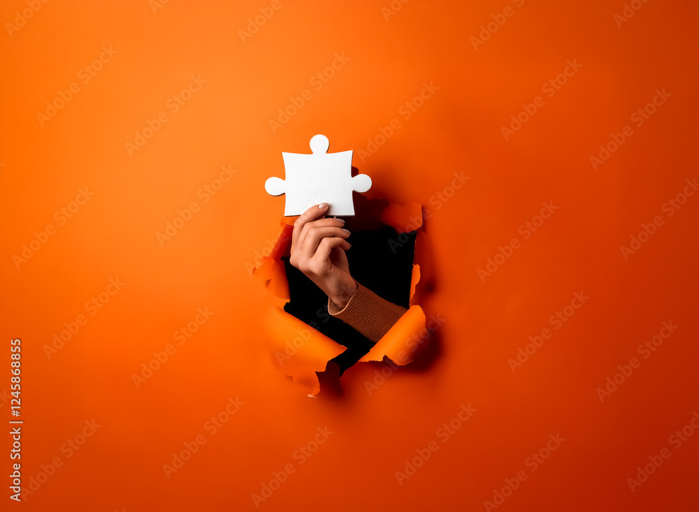 Poster hand holds a white puzzle piece emerging from torn orange paper. symbolizing solution, connection, o