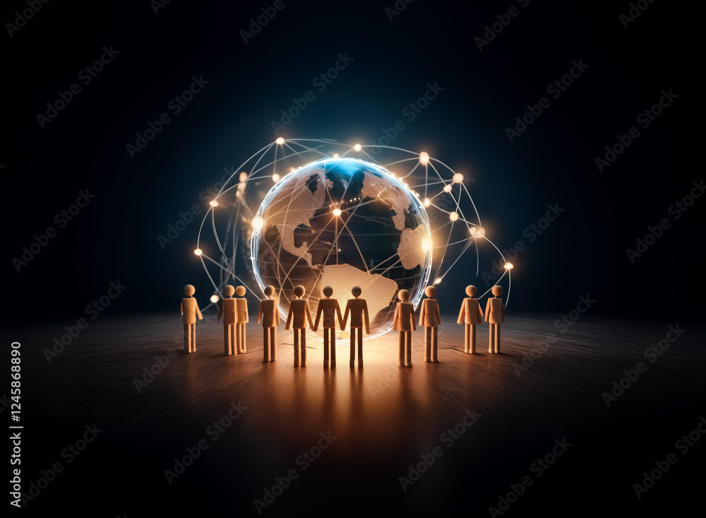 Aufkleber A group of figures encircles a glowing globe, interconnected by bright nodes and lines against a dark backdrop, symbolizing global network and unity.