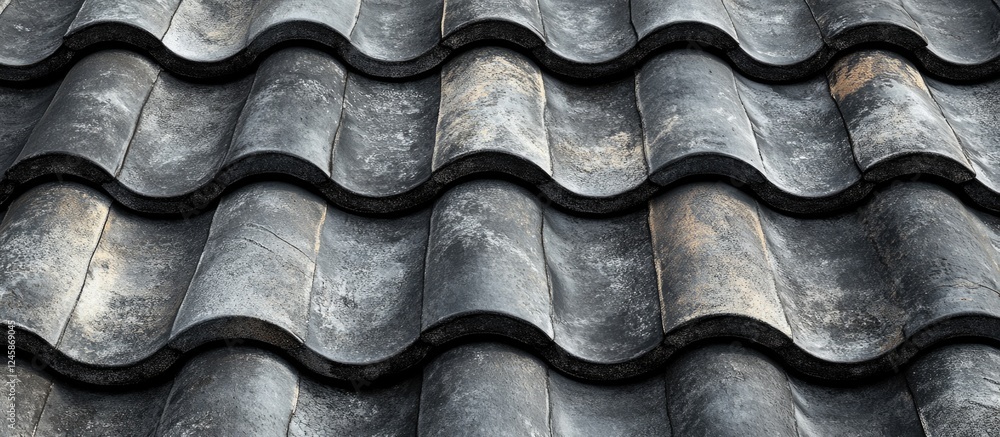 Poster Gray curved roof tiles arranged in overlapping layers showcasing texture and depth with a focus on architectural design elements.