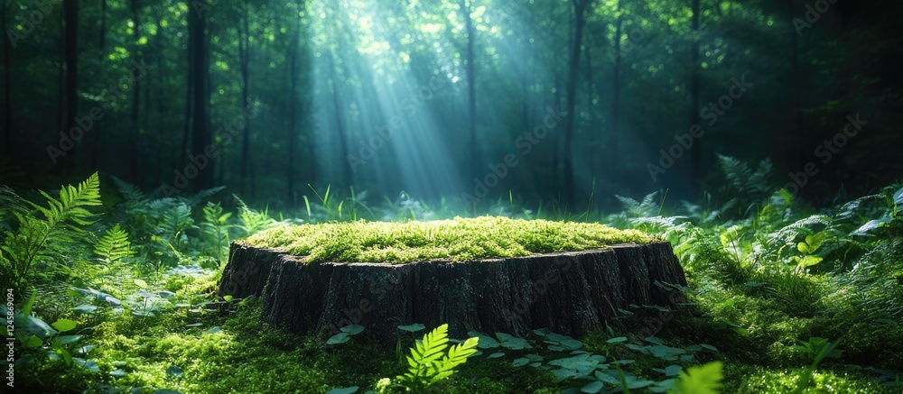 Poster moss covered tree stump in serene forest atmosphere with sunlight filtering through lush greenery an