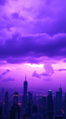 Fototapeta premium Futuristic city skyline, vibrant purple sky, glowing neon lights phone wallpaper | generative AI