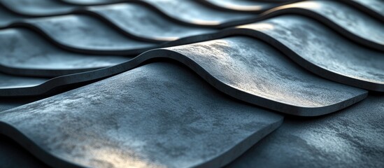 Curved gray roof tiles overlapping in layered arrangement showcasing texture and structure in an organized architectural detail.