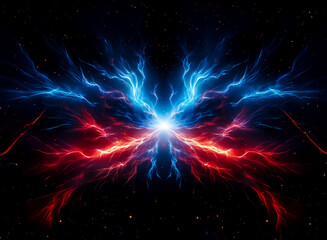 Vibrant energy streams in electric blue and fiery red, radiating symmetrically from a central bright point against a dark cosmic backdrop.