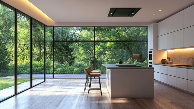 Cocina moderna y minimalista con ventanales de piso a techo, vista al jard&iacute;n y dise&ntilde;o elegante y funcional.
