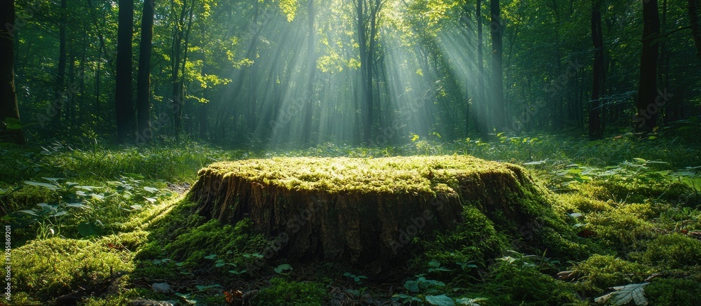 Poster moss covered tree stump in lush forest with sunlight filtering through trees creating a serene and t