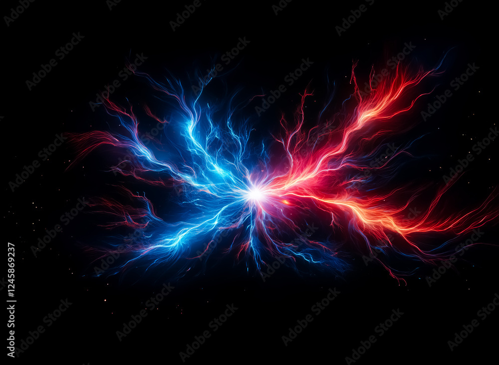 Aufkleber Vibrant streams of blue and red energy collide against a stark black backdrop, creating a dynamic and abstract display of opposing forces in a cosmic clash.