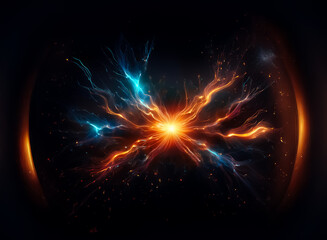 Obraz premium Vibrant energy bursts from a central point, radiating outwards in fiery orange and cool blue against a dark backdrop, creating a dynamic abstract explosion.