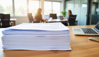 Neatly stacked resumes on wooden desk in modern office, career preparation