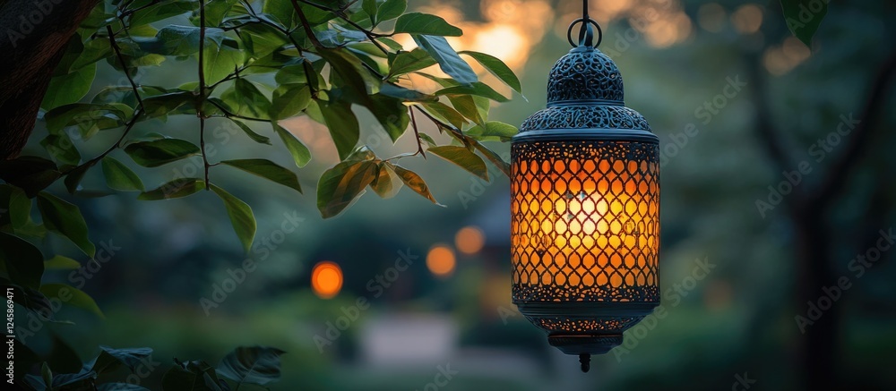 Poster colorful lantern hanging on a tree in a serene outdoor setting illuminated at dusk creating a warm a