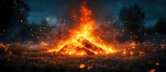 Naklejka premium Bonfire blazing brightly on grassland with sparks flying against a dramatic twilight sky creating a warm and inviting atmosphere.