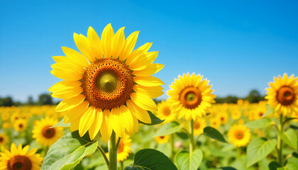 Fototapeta premium Vibrant sunflower blooming in bright blue sky, organic farming inspiration