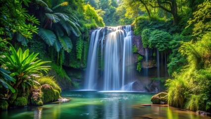 Obraz premium Serene waterfall amidst dense foliage, majestic, leafy, majestic, leafy, wild, rugged, tranquil, serene, flora, lush