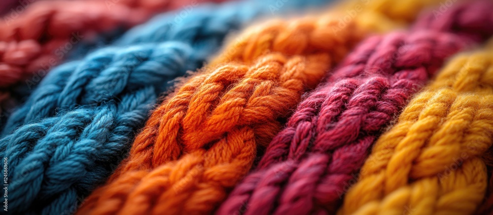 Poster close-up of vibrant knitted texture showcasing intricate loops and colorful fibers in warm tones.