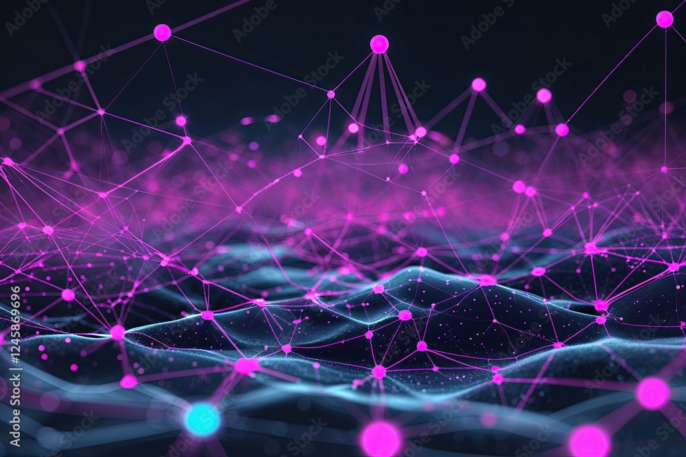 Poster distinctive digital network interactions featuring magenta lines and dots in cyberspace