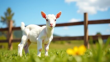 Fototapeta premium a small goat on the grass in a pen behind a fence