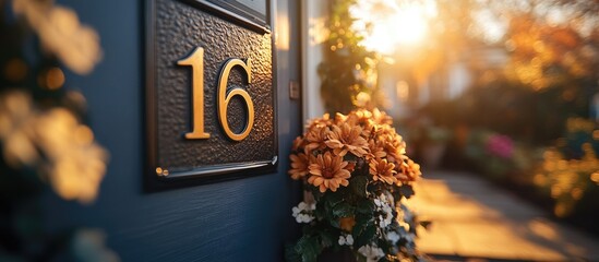 Elegant house number plaque featuring the number sixteen surrounded by vibrant flowers and warm sunset lighting.