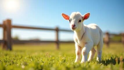 Fototapeta premium a small goat on the grass in a pen behind a fence